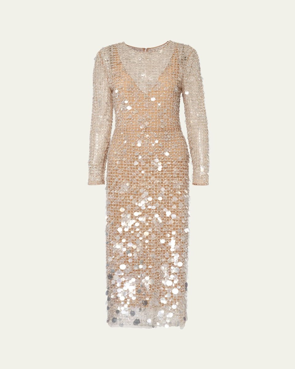 Embellished Long-Sleeve Midi Dress